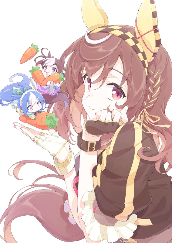 3girls, animal_ears, asymmetrical_gloves, black_gloves, black_jacket, blue_hair, braid, breasts