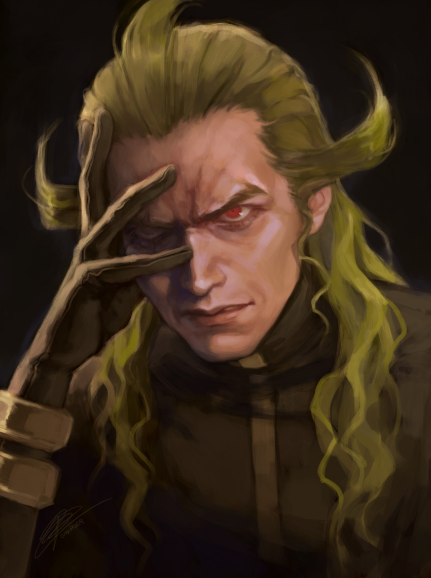 1boy, ahoge, black_background, commentary_request, furrowed_brow, ghetsis_(pokemon), gloves, green_hair