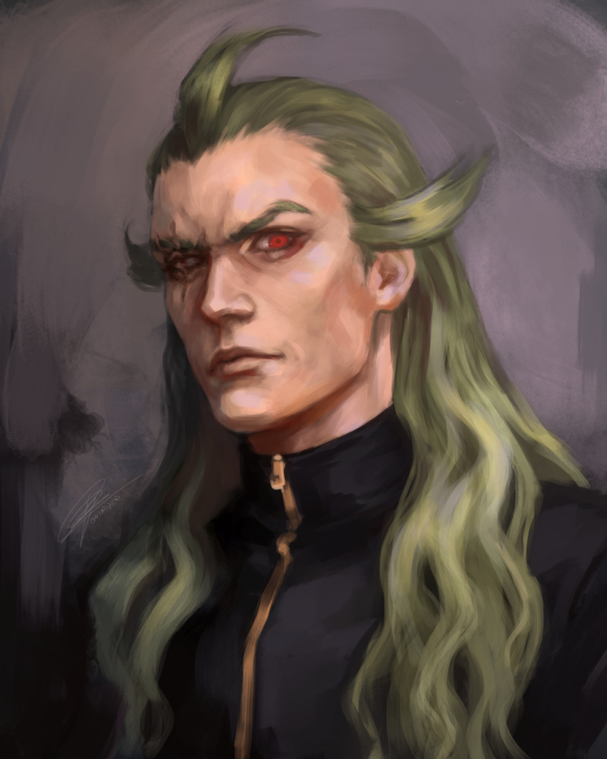 1boy, ahoge, black_jacket, closed_mouth, ghetsis_(pokemon), green_hair, grey_background, highres