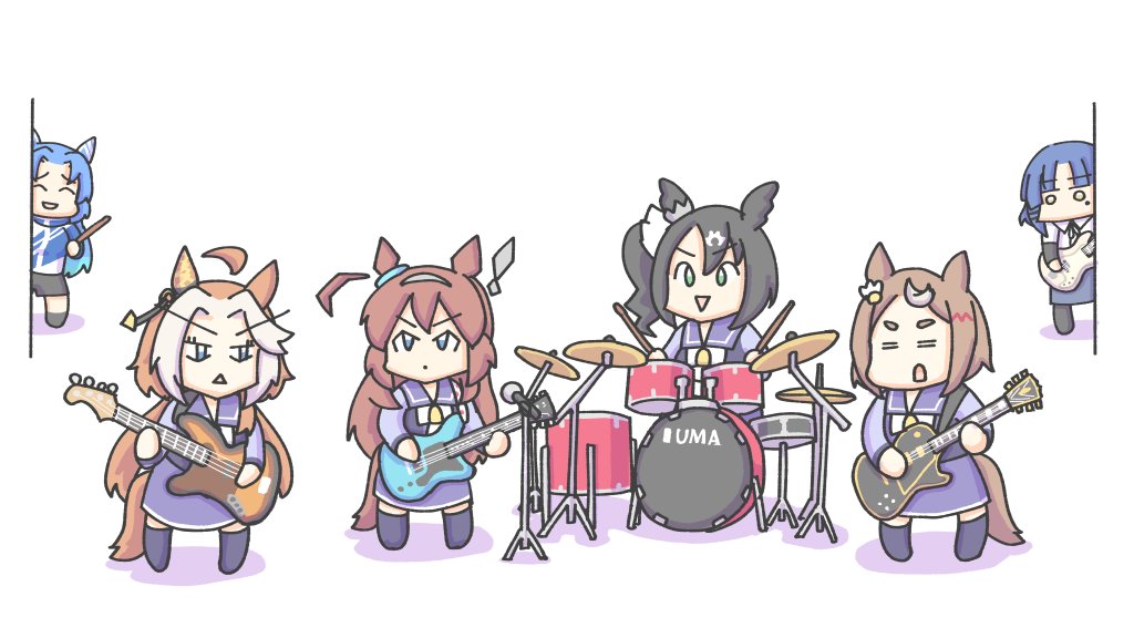 6+girls, ahoge, animal_ears, annotated, aoyama_yoshino, bass_guitar, black_hair, black_shorts