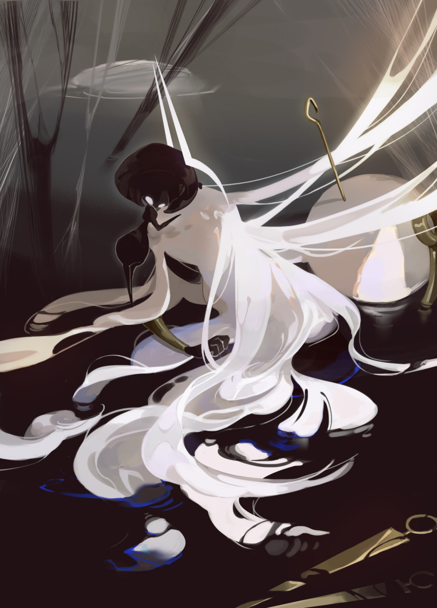 2girls, absurdly_long_hair, black_skin, blankowalska, colored_skin, faceless, giant, giantess, grand_mother_silk_(hollow_knight), highres, hollow_knight, hollow_knight:_silksong, hug, lace_(hollow_knight), long_hair, lost_lace, multiple_girls, no_humans, no_mouth, pin_(hollow_knight), spoilers, standing, thread, very_long_hair, weapon, white_eyes, white_hair