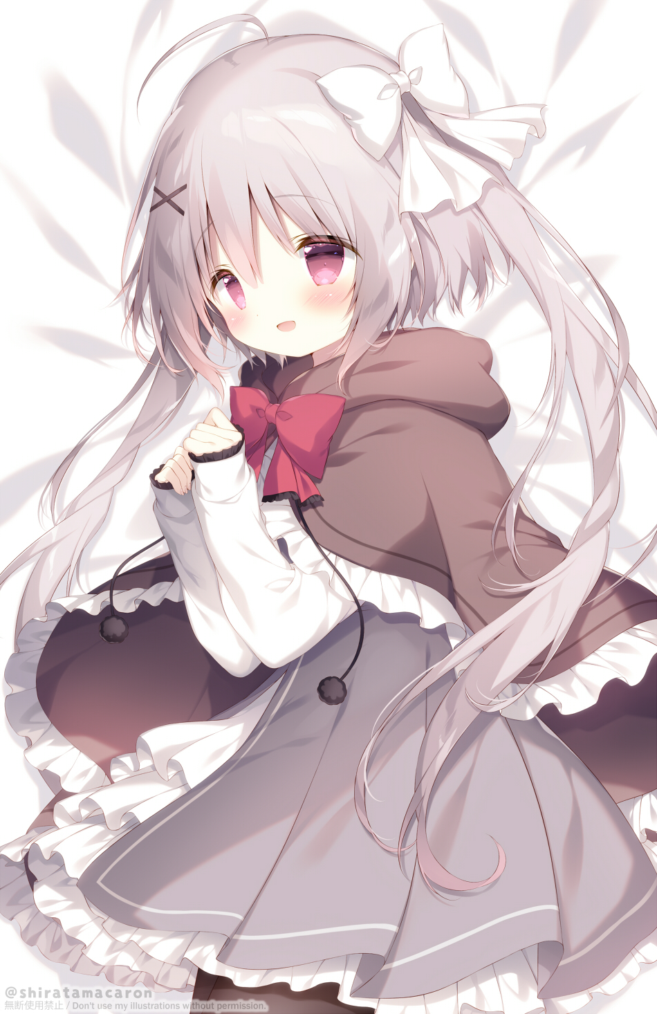 1girl, :d, ahoge, bed_sheet, blush, bow, brown_cloak, brown_pantyhose