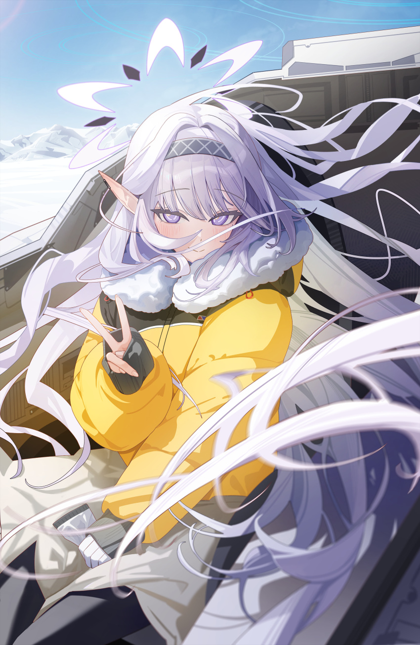 1girl, absurdres, black_hairband, black_halo, blue_archive, blue_sky, blush, commentary, day, earclip, elf, english_commentary, fur-trimmed_jacket, fur_trim, gloves, goggles, hairband, halo, highres, himari_(blue_archive), himari_(winter)_(blue_archive), holding, hood, hooded_jacket, jacket, long_hair, long_sleeves, looking_at_viewer, mole, mole_under_eye, mountainous_horizon, multicolored_halo, official_alternate_costume, outdoors, parka, pointy_ears, powered_wheelchair, purple_halo, single_glove, sitting, ski_goggles, sky, sleeves_past_wrists, smile, snow, solo, striped_clothes, striped_hairband, two-tone_halo, v, violet_eyes, wheelchair, white_gloves, y1c6, yellow_jacket