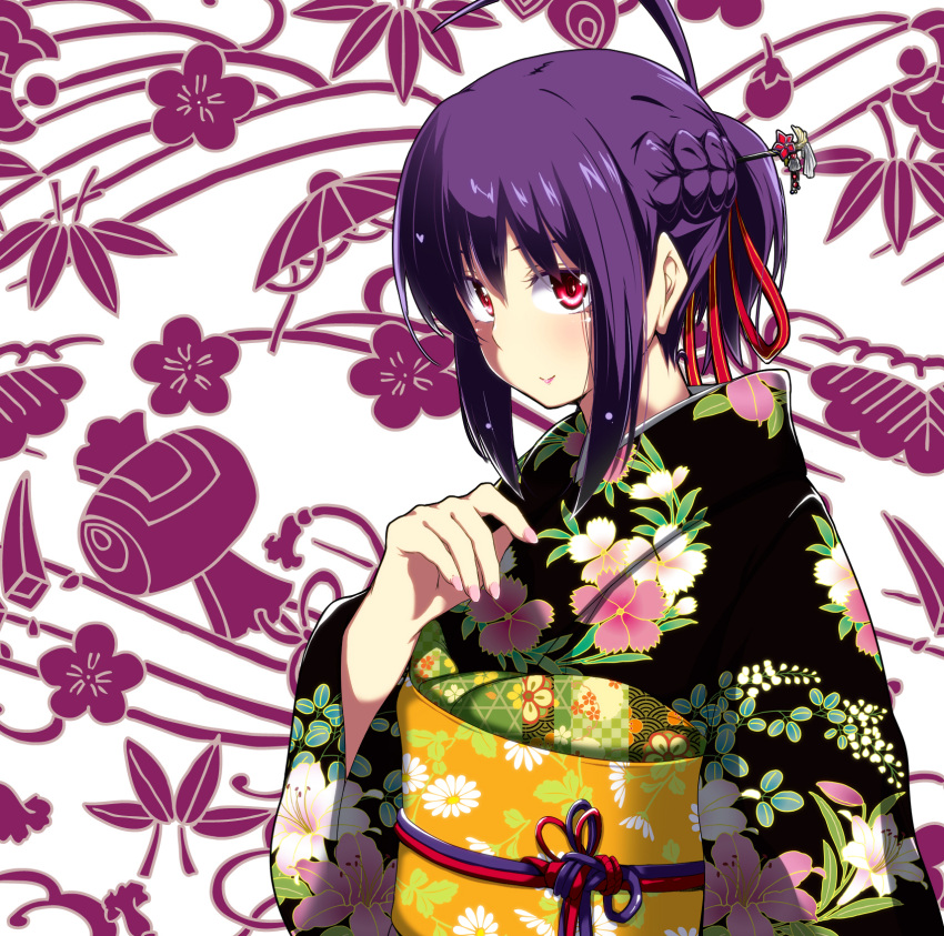 1girl, ahoge, braid, closed_mouth, commentary_request, floral_print, floral_print_kimono, hair_ornament
