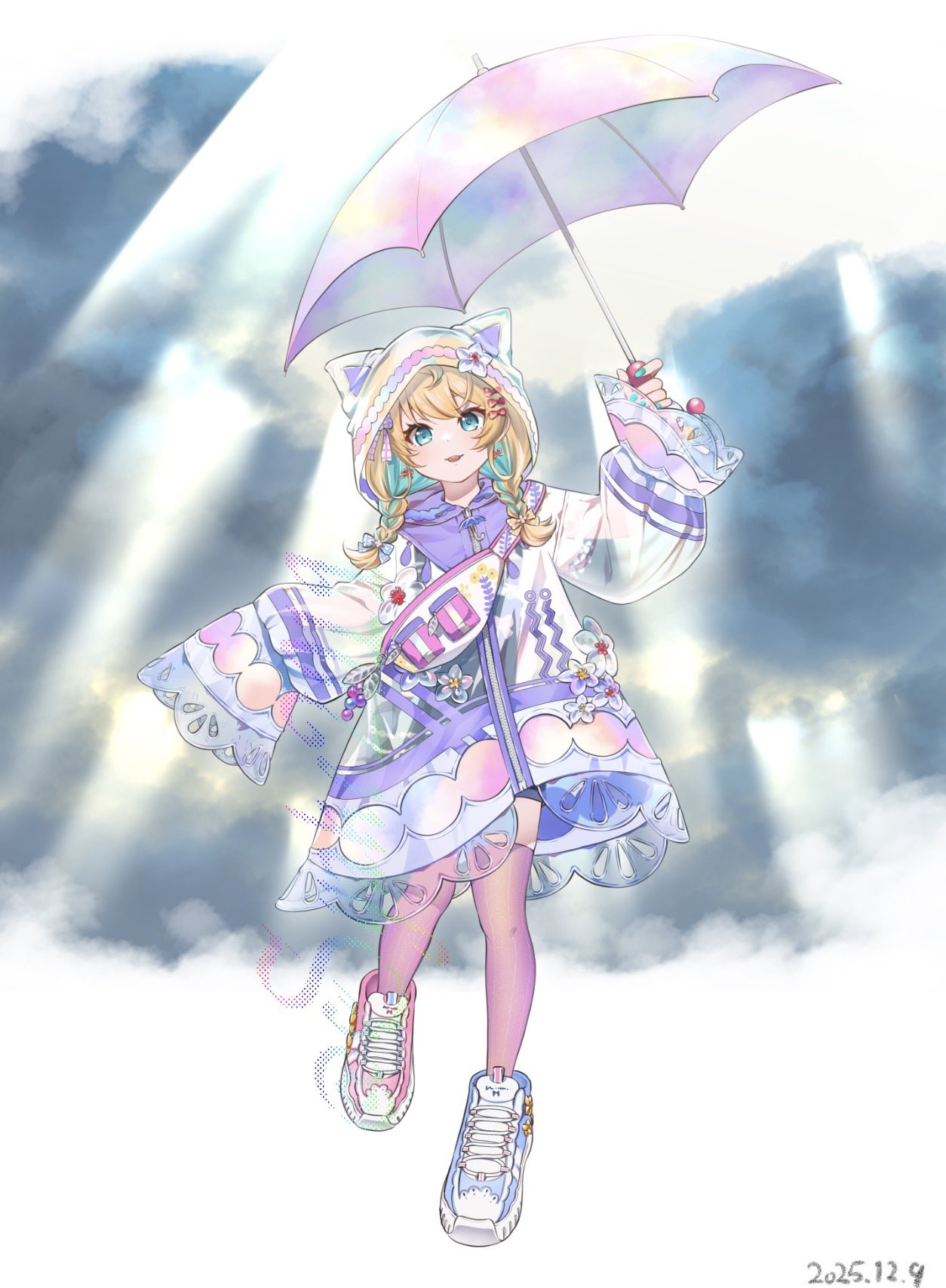 1girl, ahoge, animal_hood, aqua_eyes, aqua_hair, aqua_nails, blonde_hair, blush, bow, braid, cat_hood, clouds, cloudy_sky, dated, earrings, full_body, hair_bow, highres, holding, holding_umbrella, hood, hood_up, jacket, jewelry, layered_clothes, light_rays, low_twin_braids, medium_hair, millie_parfait, millie_parfait_(5th_costume), multicolored_hair, multiple_hair_bows, nijisanji, nijisanji_en, open_mouth, overalls, pink_thighhighs, see-through_clothes, see-through_jacket, shoes, sky, sneakers, solo, streaked_hair, sunbeam, sunlight, syake2019, thigh-highs, twin_braids, umbrella, virtual_youtuber