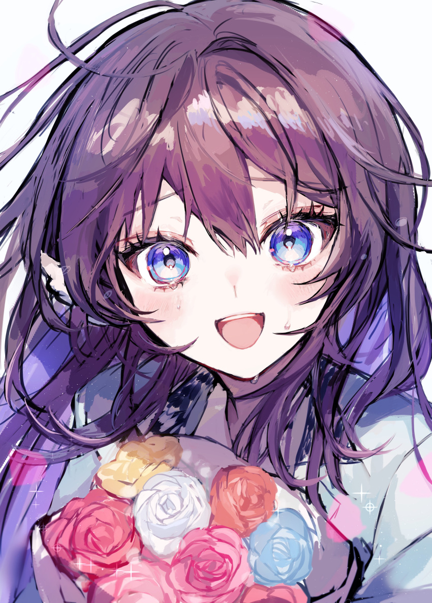 1girl, :d, absurdres, blonde_hair, blue_eyes, blue_flower, blue_rose, blush, bouquet, commentary_request, eyelashes, flower, grey_jacket, happy_tears, highres, jacket, long_hair, looking_at_viewer, milestone_celebration, noripro, open_mouth, pink_hair, pipi_(pipinavigation), portrait, purple_hair, red_flower, red_rose, rose, simple_background, smile, solo, sparkle, tearing_up, tears, teeth, upper_teeth_only, washu_asuka, white_background, white_flower, white_rose