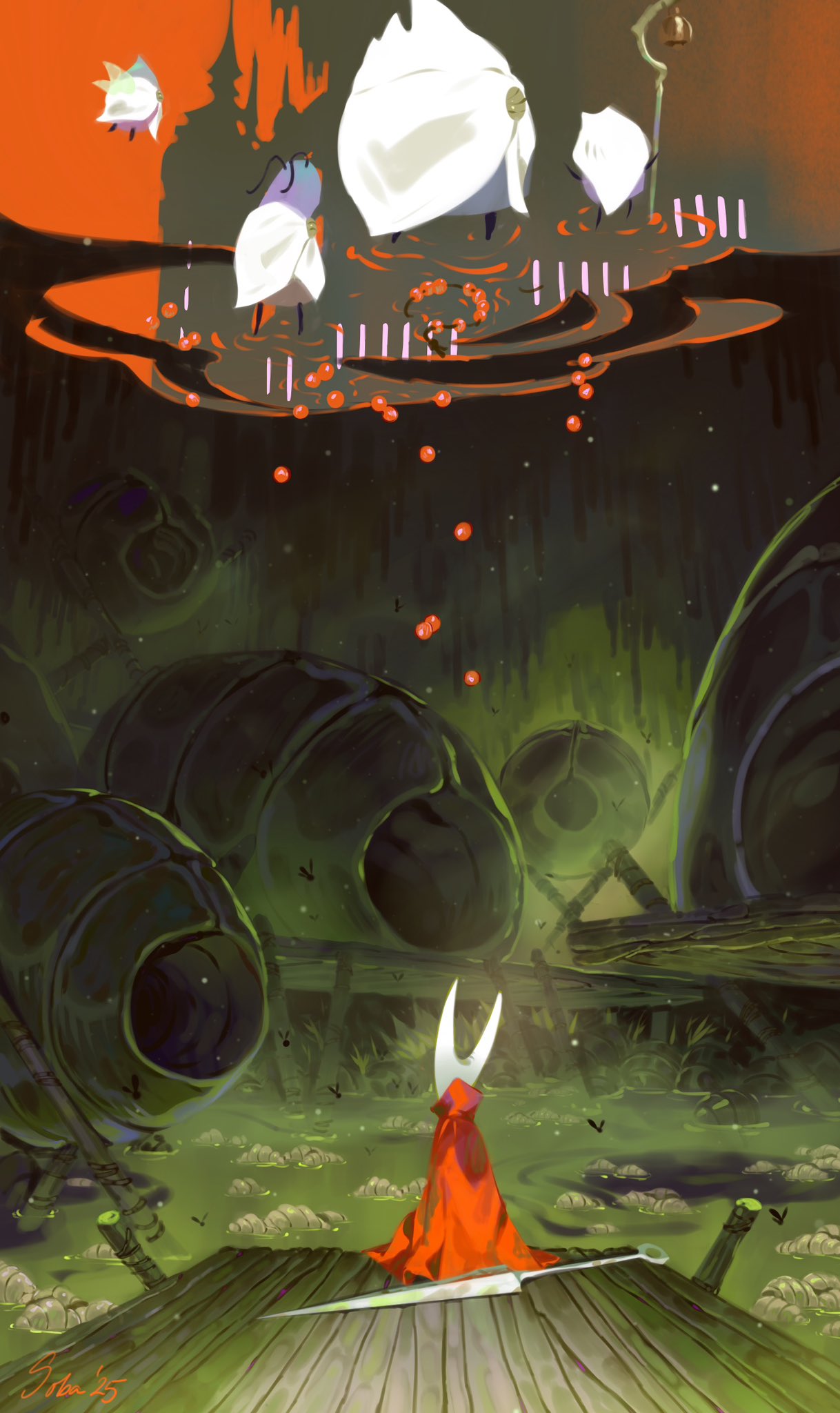 arthropod_girl, beads, bell, black_skin, bug, choir_flyer_(hollow_knight), choir_hornhead_(hollow_knight), choir_pouncer_(hollow_knight), cloak, colored_skin, commentary, dock, english_commentary, envoy_(hollow_knight), flying, from_behind, frozensoba, grass, green_water, highres, holding, holding_staff, hollow_knight, hollow_knight:_silksong, horned_mask, hornet_(hollow_knight), horns, leech, mask, needle_(hollow_knight), red_cloak, rosary, sitting, staff, weapon, wetland, white_mask, wings