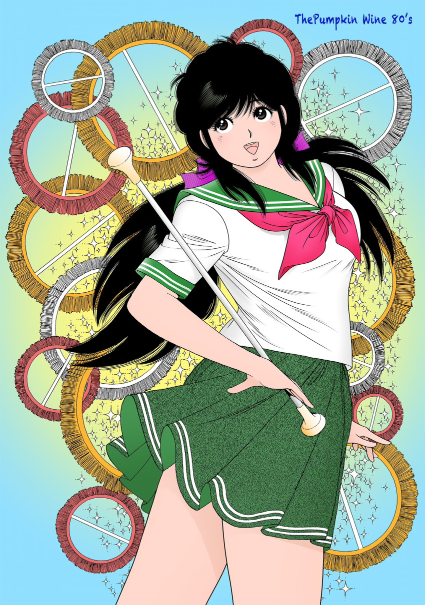 1girl, asaoka_natsumi, black_hair, bow, brown_eyes, commentary_request, copyright_name, cowboy_shot