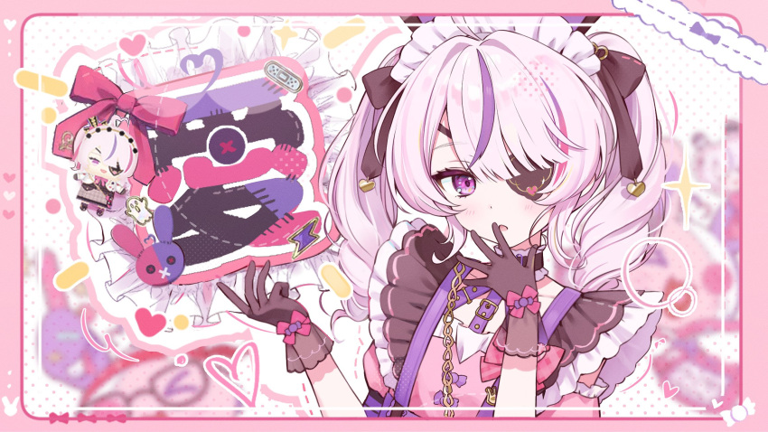 1girl, :o, black_gloves, blush, border, character_doll, covering_own_mouth, doll, english_commentary, eyepatch, gloves, hand_over_own_mouth, heart, highres, looking_at_viewer, maid, maid_headdress, maria_marionette, maria_marionette_(maid), multicolored_hair, nido_(oobo1245), nijisanji, nijisanji_en, pink_border, pink_eyes, pink_hair, purple_hair, see-through_clothes, see-through_gloves, solo, streaked_hair, twintails, virtual_youtuber