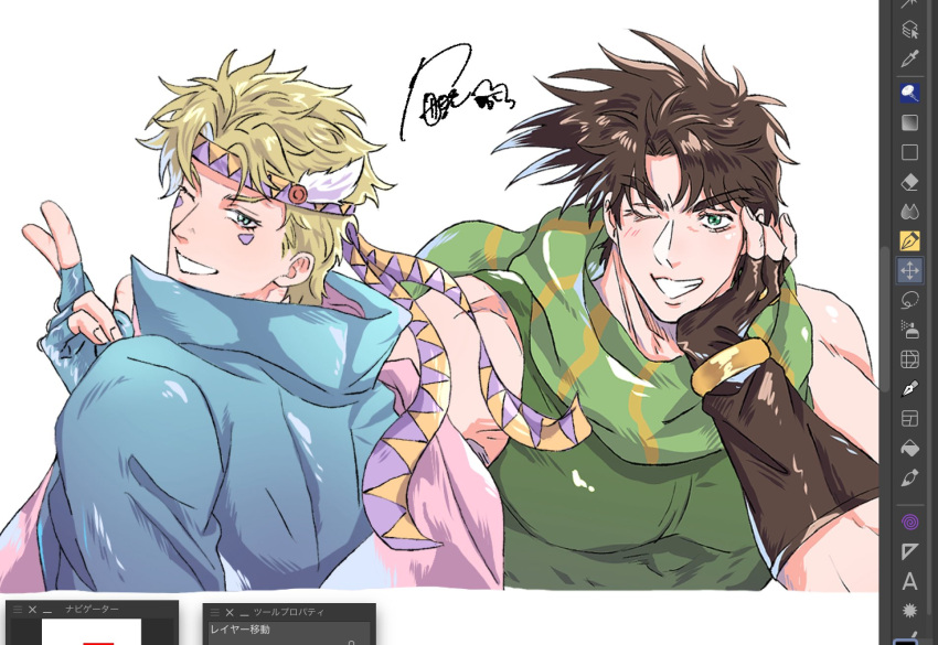 2boys, battle_tendency, blonde_hair, blue_eyes, blue_gloves, blue_jacket, bracelet, brown_gloves