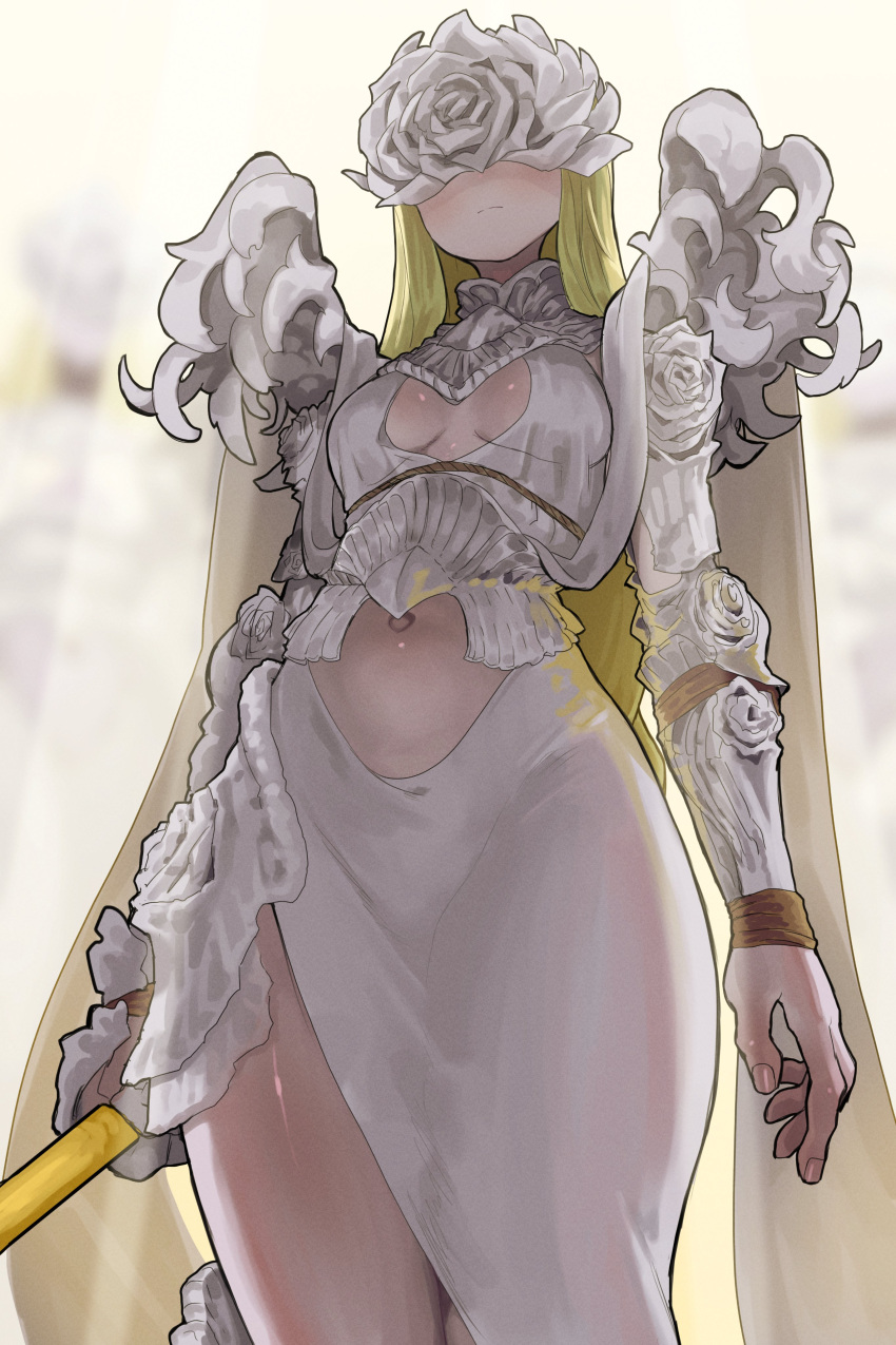 1girl, absurdres, armor, blonde_hair, breasts, breasts_apart, clothing_cutout, covered_eyes