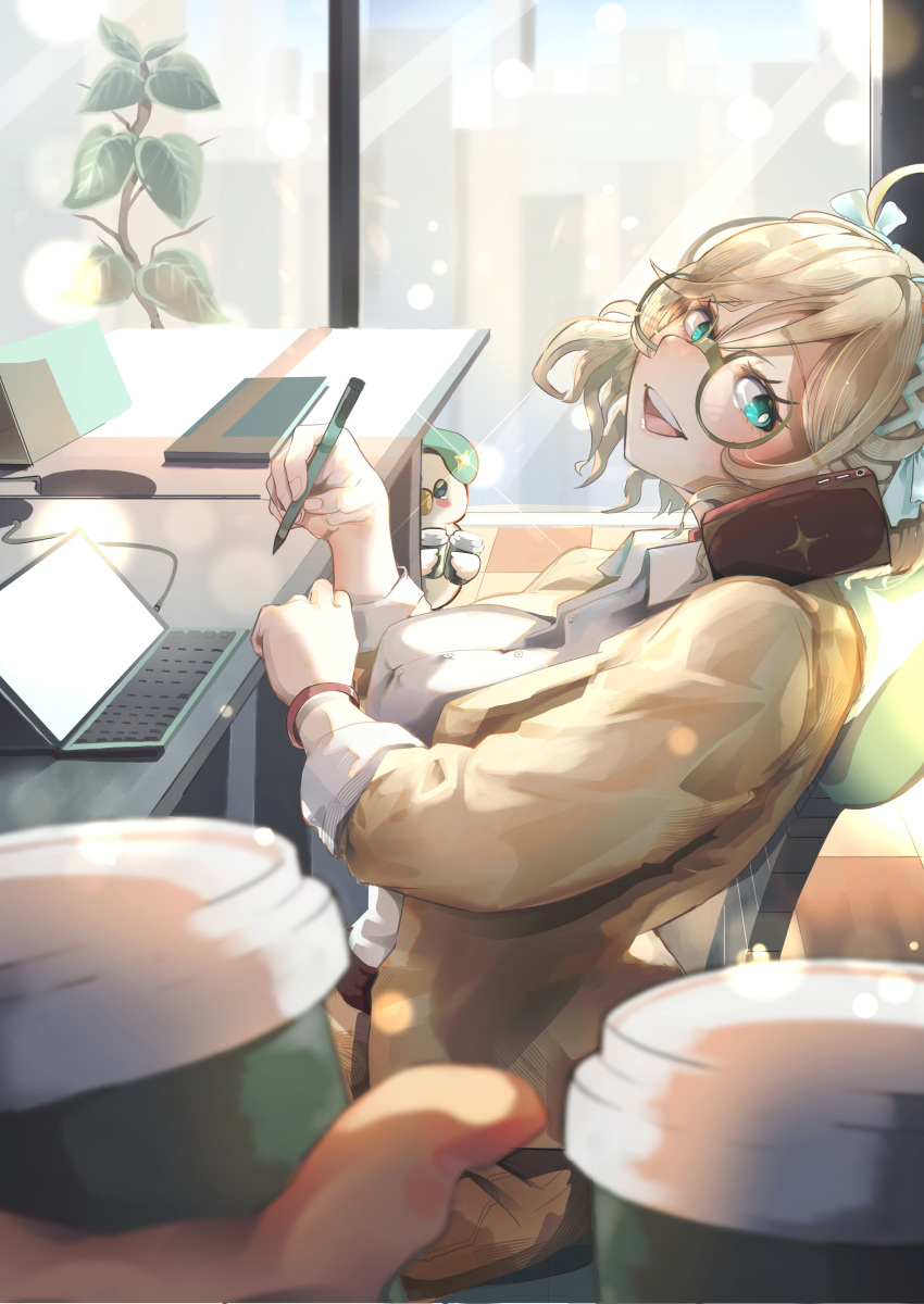 1girl, :d, absurdres, ahoge, aia_amare, aiadmirer_(aia_amare), aqua_eyes, blonde_hair
