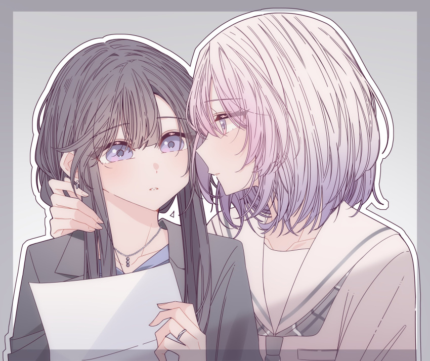 2girls, black_hair, black_jacket, border, cheating_(relationship), commentary, earrings, gradient_hair