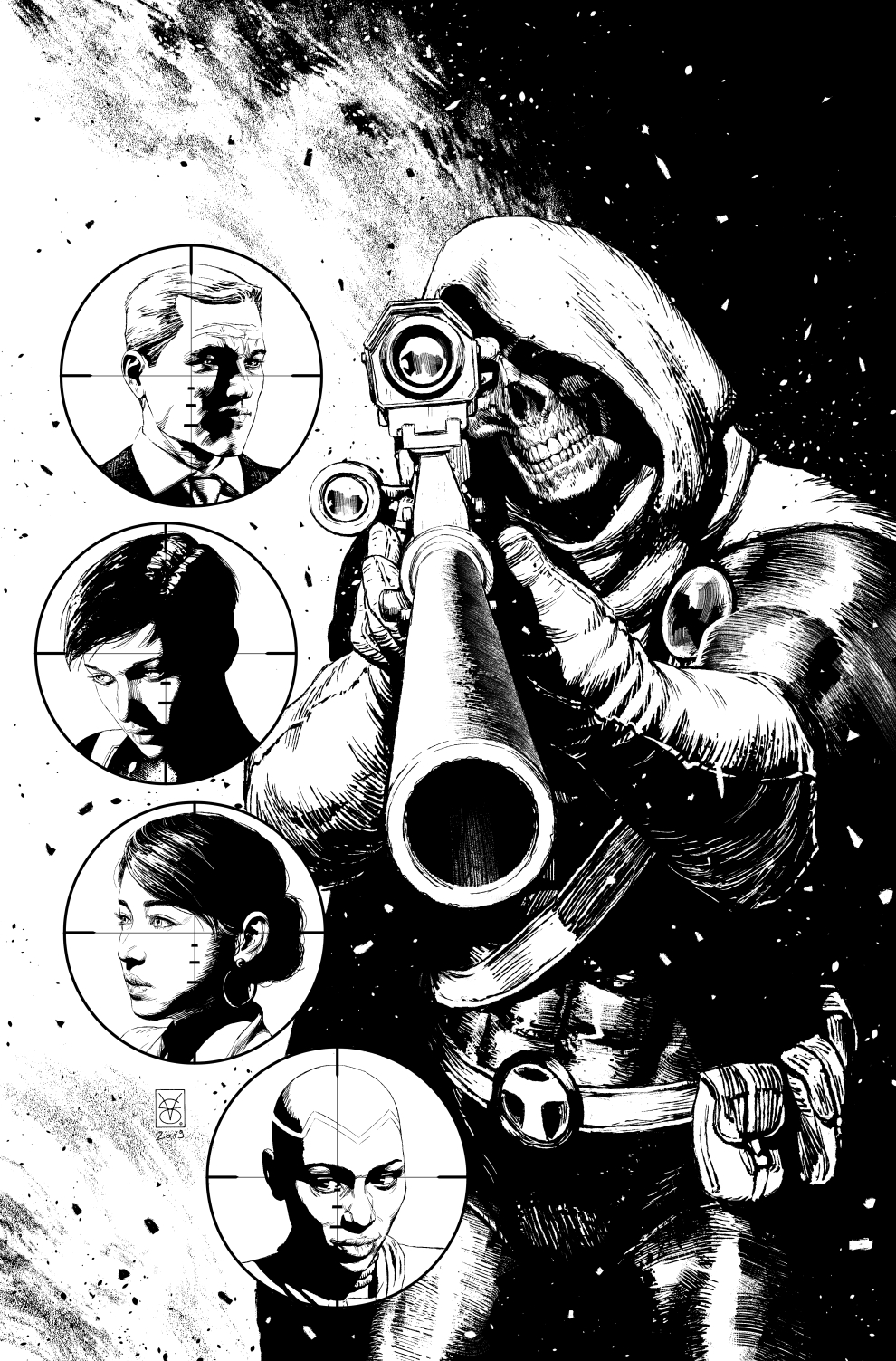 aiming, aiming_at_viewer, cape, character_request, comic_cover, commentary, cowboy_shot, crosshair