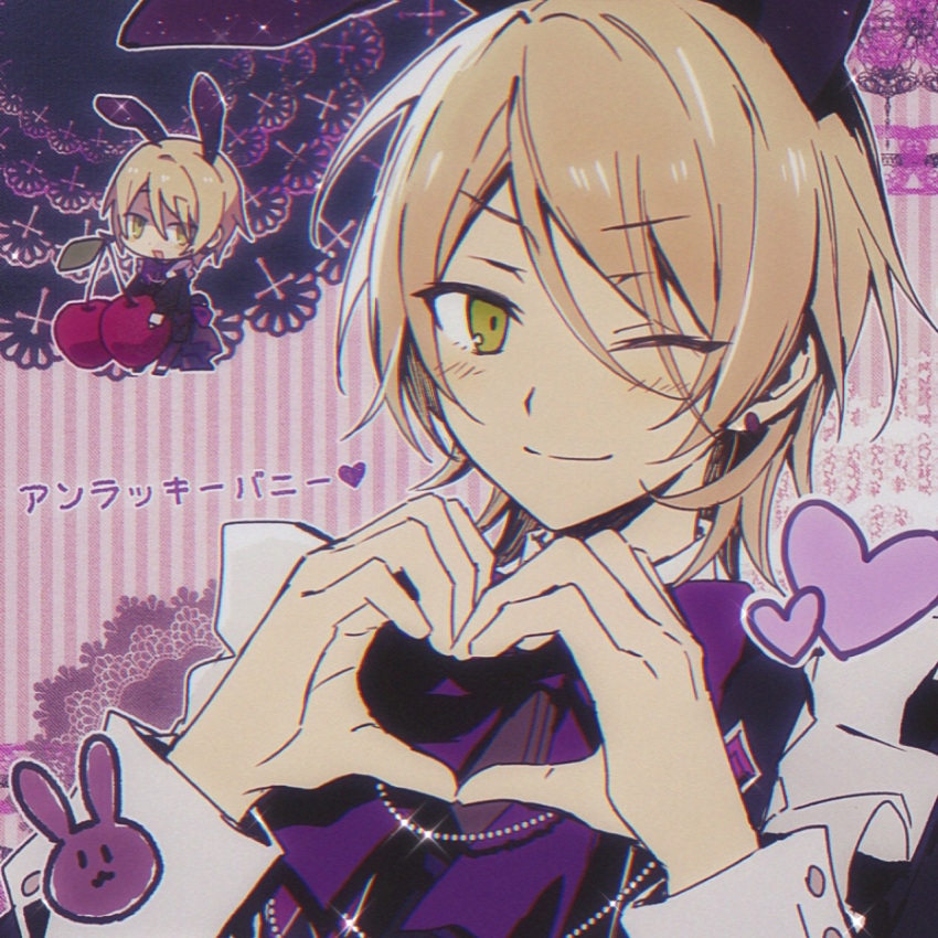 1boy, animal_ears, bead_necklace, beads, black_bunny_(ensemble_stars!), black_shirt, blonde_hair, bow
