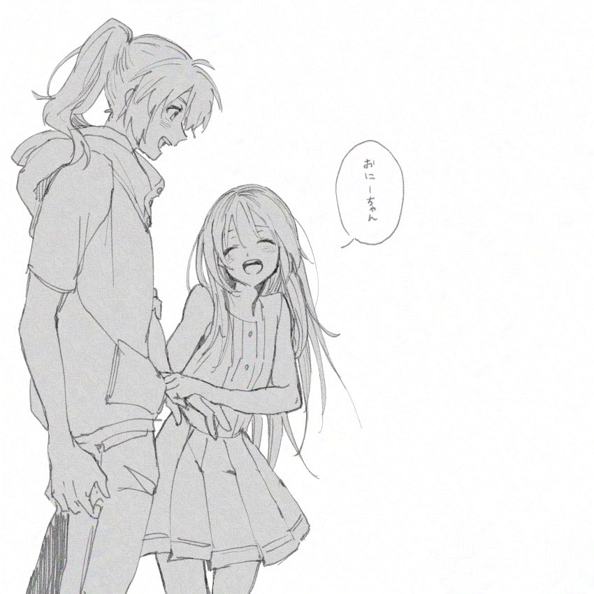 1boy, 1girl, dress, greyscale, height_difference, hood, hooded_jacket, jacket, long_hair, michi_naka, minashiro_kaguya, minashiro_soushi_(2), monochrome, pants, ponytail, simple_background, sketch, sleeveless, sleeveless_dress, smile, soukyuu_no_fafner, white_background