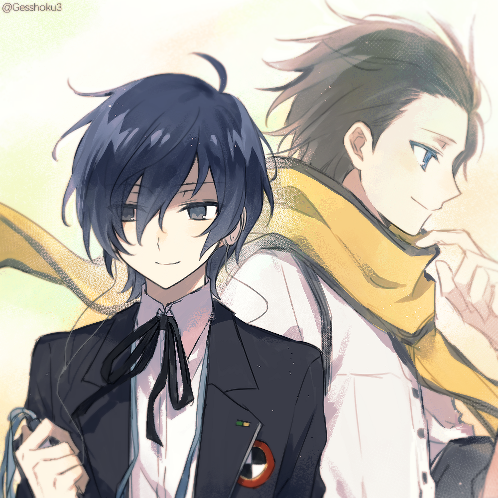 2boys, artist_name, black_hair, black_jacket, black_ribbon, blue_eyes, blue_hair, chinese_commentary