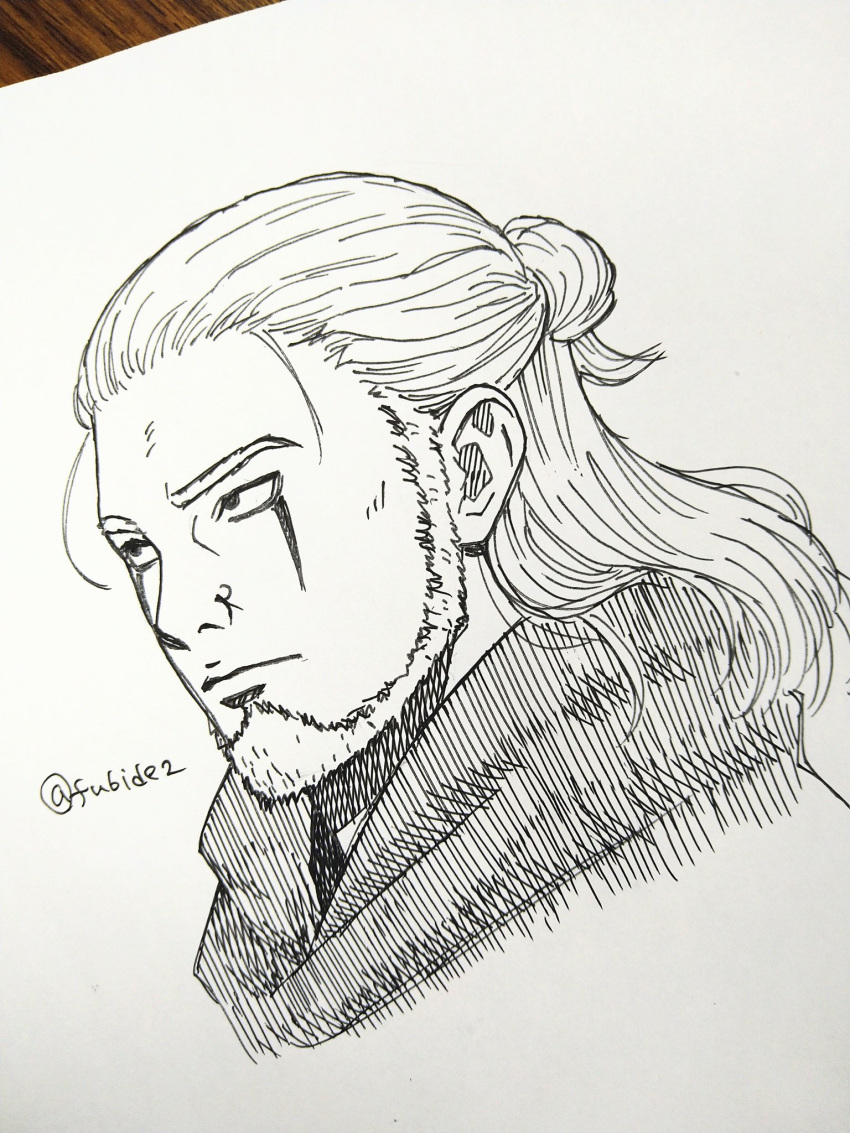 1boy, beard, boruto:_naruto_next_generations, commentary, expressionless, facial_hair, facial_mark, hair_bun
