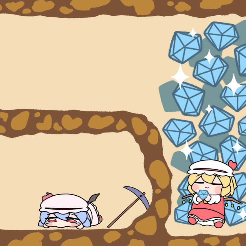 2girls, :3, =_=, blue_hair, blush_stickers, chibi, crying, crystal_wings, demon_girl, demon_wings, diamond_(gemstone), digging_for_diamonds_(meme), flandre_scarlet, gem, hat, hat_ribbon, highres, holding, holding_gem, lying, meme, mob_cap, multiple_girls, on_stomach, pickaxe, pink_hat, red_ribbon, red_skirt, red_vest, remilia_scarlet, ribbon, siblings, sisters, skirt, skirt_set, sparkle, tearing_up, touhou, vest, white_hat, wings, y75zei