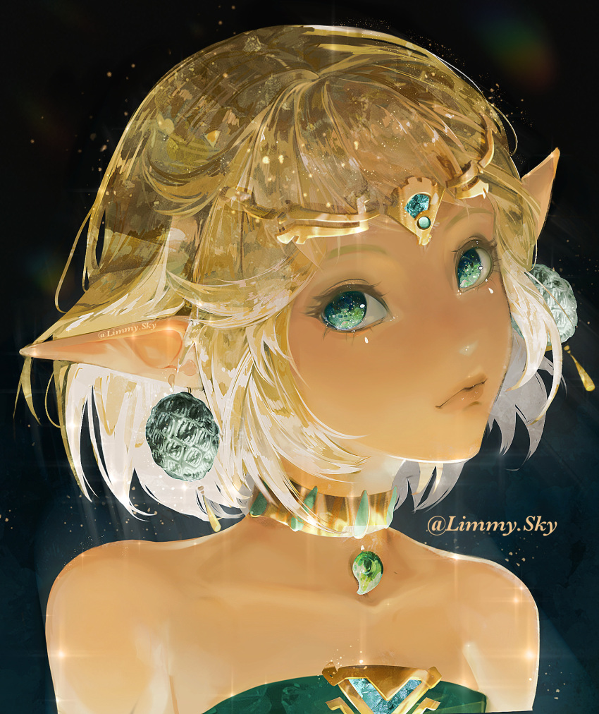 1girl, aegyo_sal, arms_at_sides, bare_shoulders, black_background, blonde_hair, circlet, closed_mouth