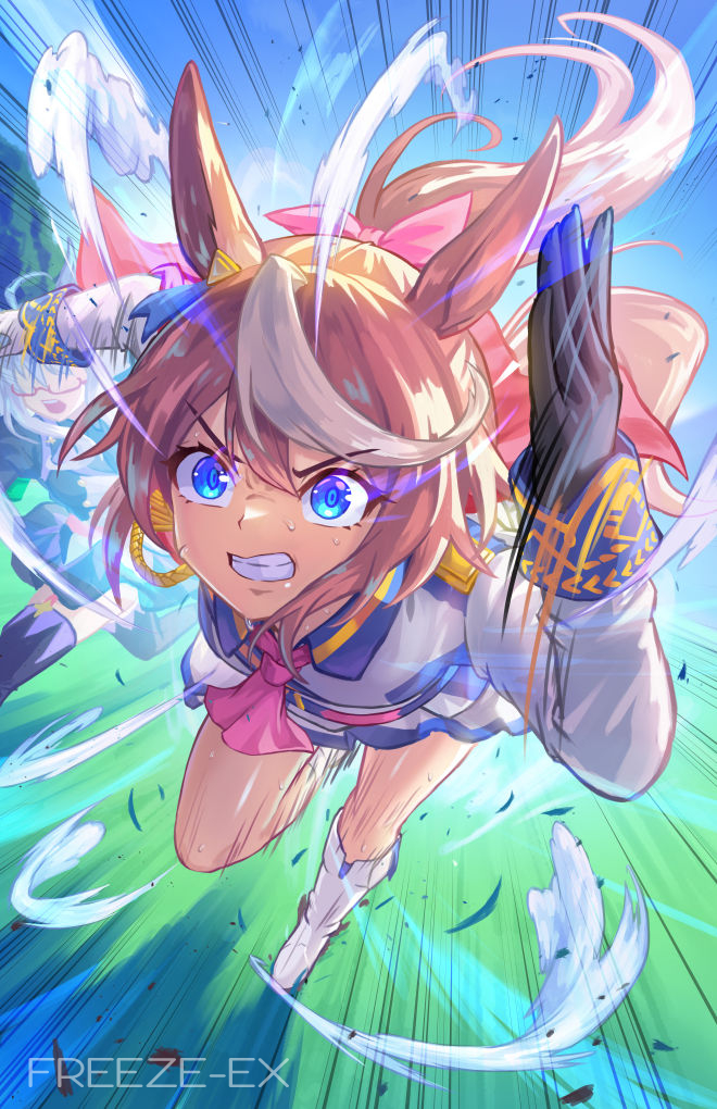 2girls, animal_ears, ascot, asymmetrical_gloves, biwa_hayahide_(pf._winning_equation...)_(umamusume), biwa_hayahide_(umamusume), black_gloves, blue_eyes