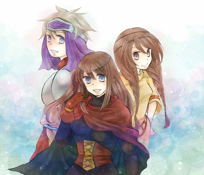 armor, blue_eyes, braid, brown_eyes, brown_hair, cape, cleo, dress, female, gensou_suikoden, gensou_suikoden_i, gloves, hair_over_shoulder, headband, headdress, long_hair, looking_back, multiple_girls, odessa_silverberg, open_mouth, orange_hair, shirt, short_hair, smile, sugieri, suikoden, suikoden_i, tengaar, tiara, twin_braids, twintails, veil