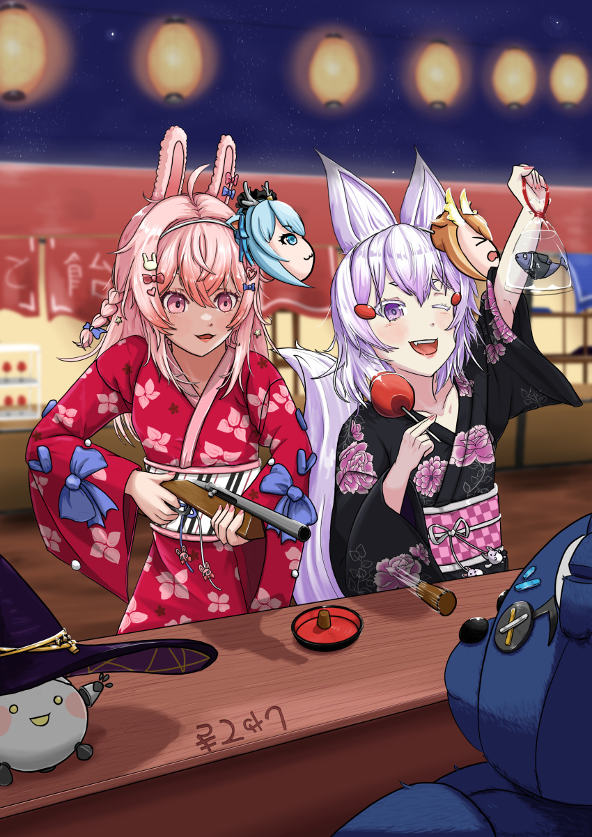 2girls, ;d, absurdres, ahoge, animal_ears, bag, black_kimono, blush