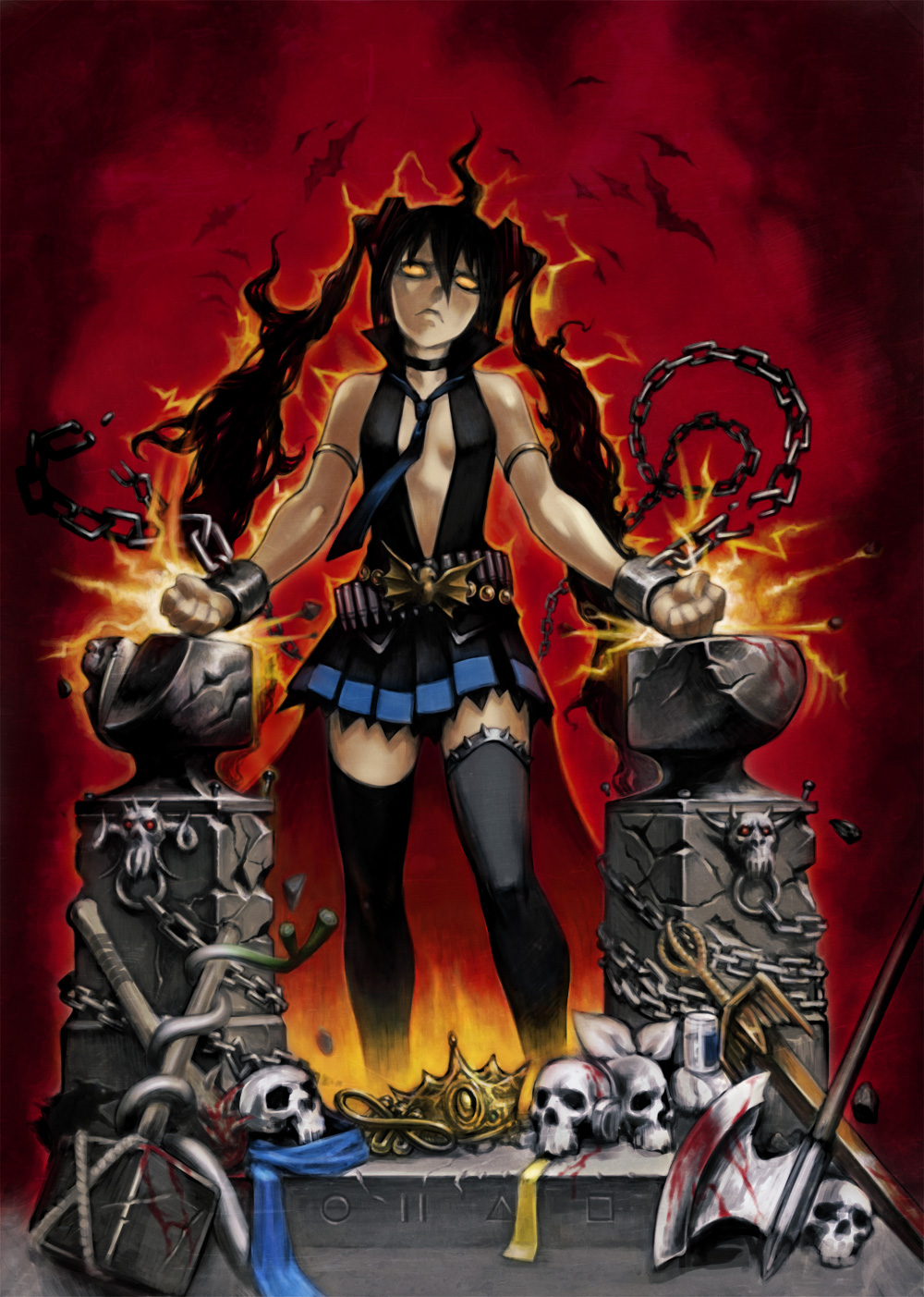 axe, belt, black_hair, chain, chains, cuffs, glowing, glowing_eyes