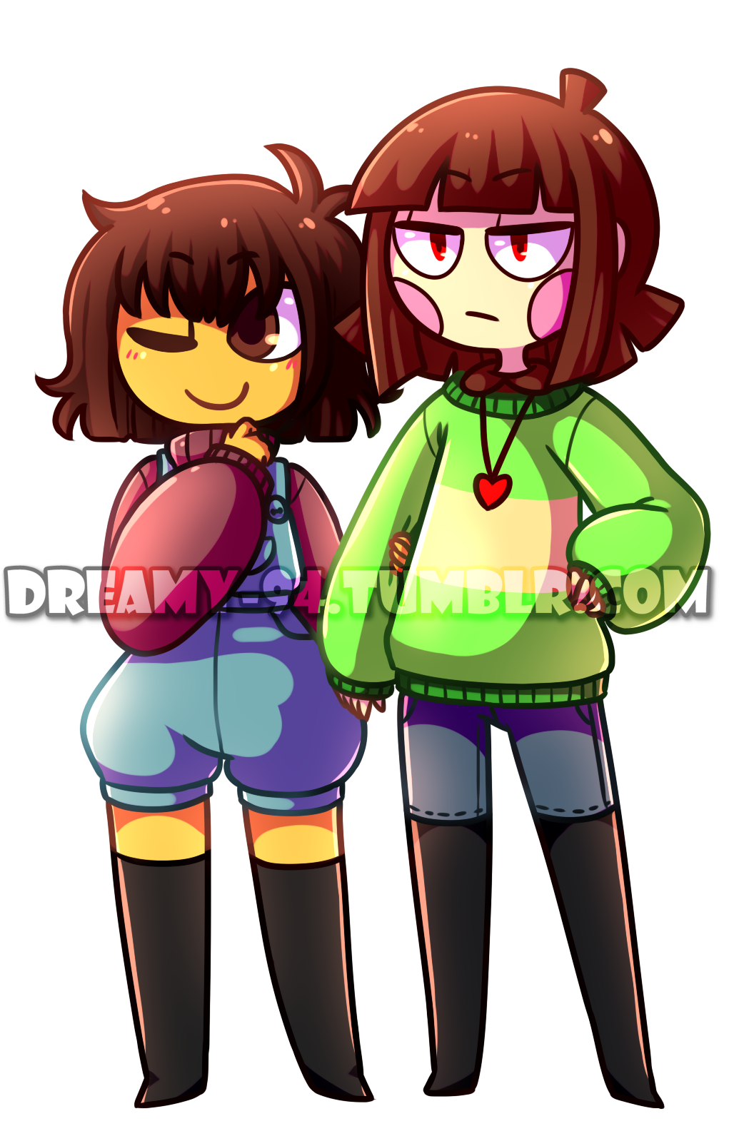 2others, alternate_costume, bad_id, blue_overalls, blush, blush_stickers, brown_eyes, brown_hair