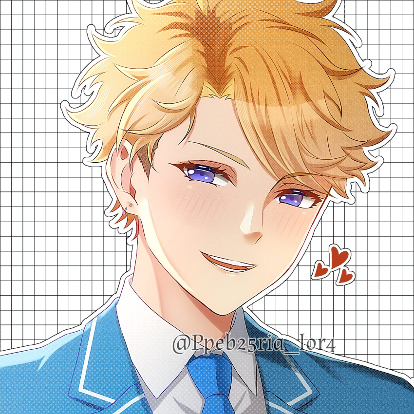1boy, blonde_hair, blue_necktie, blush, collared_shirt, earrings, ensemble_stars!, grid_background, hashtag-only_commentary, heart, highres, jewelry, looking_at_viewer, male_focus, narukami_arashi, necktie, portrait, ppeb25ria_lor4, shirt, short_hair, solo, teeth, twitter_username, white_shirt
