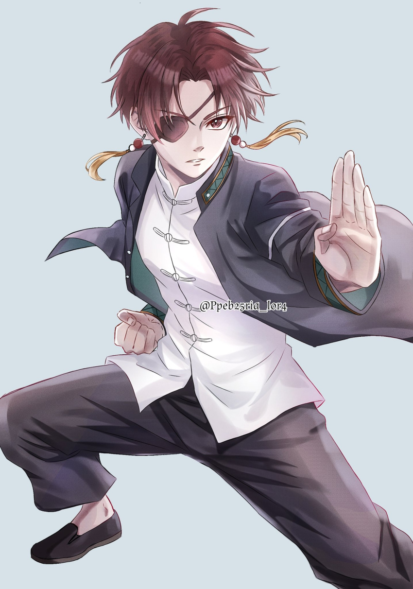 1boy, black_pants, chinese_clothes, clenched_hand, commentary, earrings, eyepatch, fighting_stance
