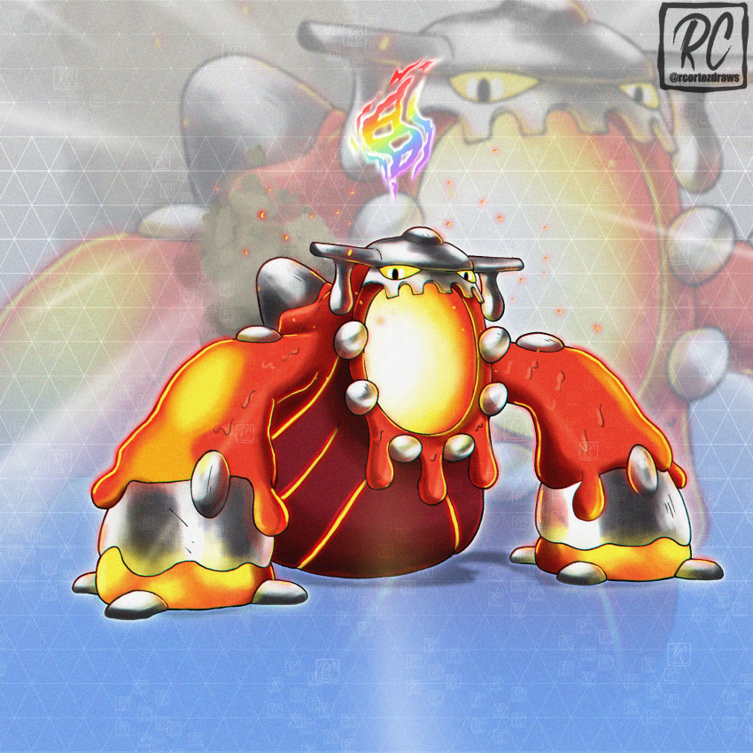 absurdres, colored_sclera, commentary, english_commentary, heatran, highres, lava, looking_at_viewer