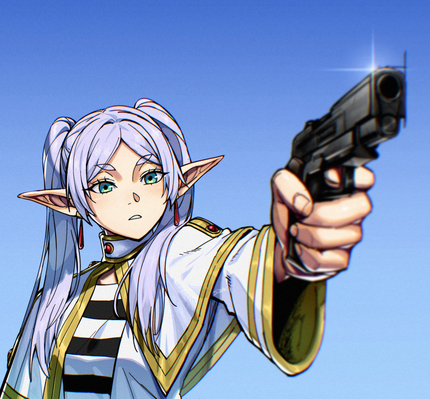1girl, aiming, blurry, capelet, clear_sky, commentary, depth_of_field, elf