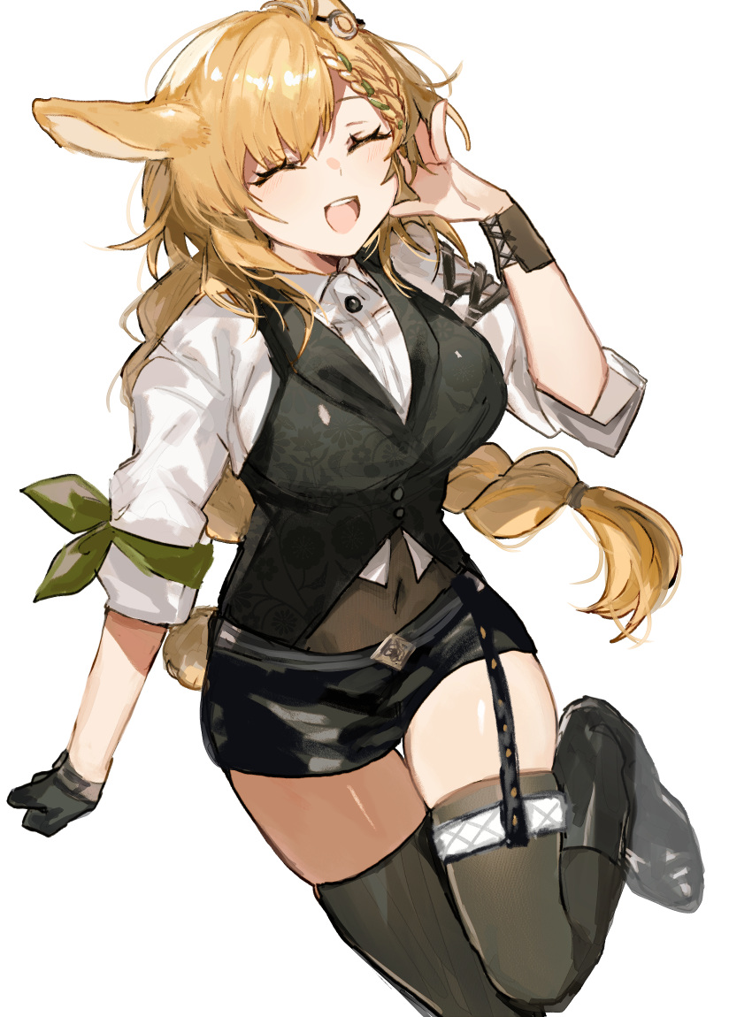 1girl, animal_ears, arknights, black_boots, black_garter_belt, black_gloves, black_shorts, black_thighhighs