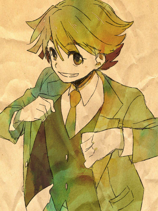 brown_hair, formal, grin, ichinose_kazuya, inazuma_eleven, inazuma_eleven_(series), jacket, male