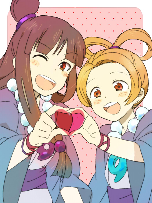 ayasato_harumi, ayasato_mayoi, black_hair, brown_eyes, brown_hair, gyakuten_saiban, heart, heart_hands