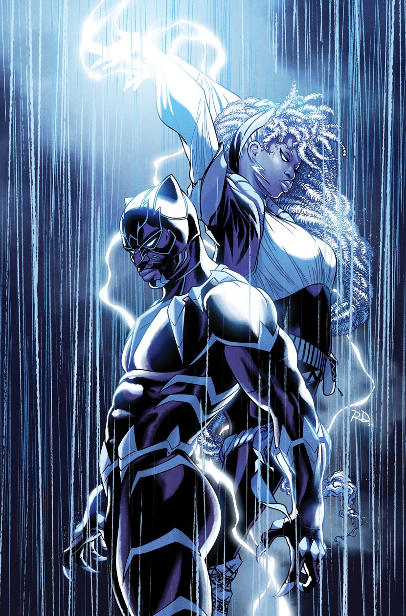 1boy, 1girl, arms_up, black_bodysuit, black_panther_(marvel), black_panther_(series), bodysuit, comic_cover