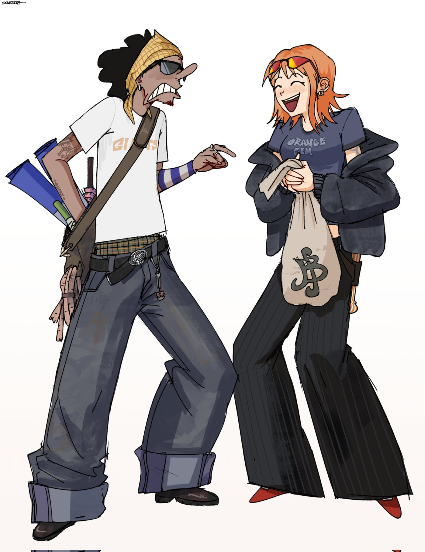 1boy, 1girl, alternate_costume, bag, baggy_pants, black_hair, black_jacket, black_pants