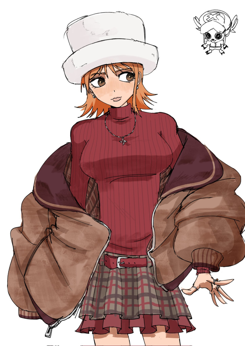 1boy, 1girl, belt, belt_buckle, breasts, brown_eyes, brown_jacket, buckle, checkered_clothes, checkered_skirt, commentary, cowboy_shot, earrings, fur-trimmed_headwear, fur_trim, hat, highres, jacket, jewelry, large_breasts, long_sleeves, looking_at_another, miniskirt, multiple_rings, nami_(one_piece), necklace, oestart, official_alternate_costume, one_piece, open_clothes, open_jacket, orange_hair, pleated_skirt, red_belt, red_sweater, ribbed_sweater, ring, short_hair, simple_background, skirt, straight-on, sweater, tony_tony_chopper, turtleneck, turtleneck_sweater, white_background, white_hat