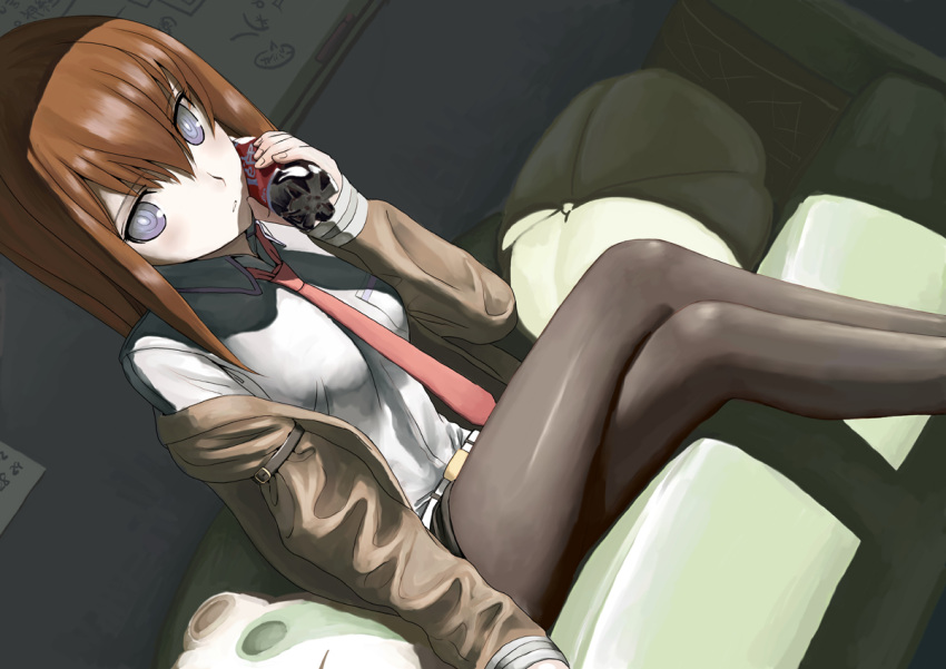 bottle_to_cheek, brown_hair, crossed_legs, dr_pepper, dutch_angle, grey_eyes, legs, legs_crossed, makise_kurisu, mocha, necktie, pantyhose, ringed_eyes, sitting, solo, steins;gate