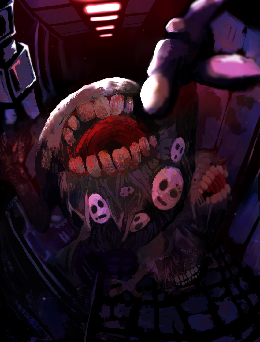 absurdres, blood, blood_on_teeth, extra_mouth, extra_teeth, fisheye, highres, horror_(theme)