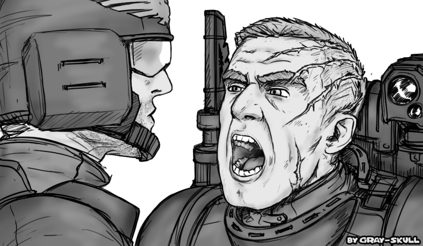 2boys, artist_name, astra_militarum, backpack, bag, chinstrap, facial_hair, full_metal_jacket