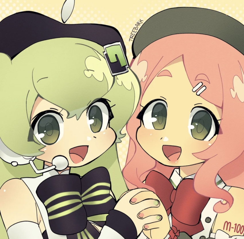 2girls, artist_name, beret, bow, bowtie, green_eyes, green_hair, green_nails, hat, holding_hands, macne_nana, macne_series, microphone, momone_momo, multiple_girls, number_tattoo, pink_hair, pink_nails, smile, tattoo, treebarkagain, utau, vocaloid