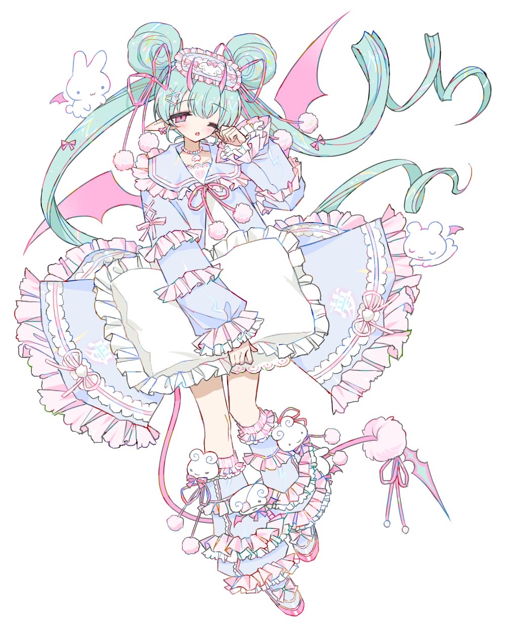 1girl, aqua_hair, aranotchi, bow, chinese_commentary, commentary_request, double_bun, dragon_girl, dragon_tail, dragon_wings, dress, fashion, frilled_dress, frilled_sleeves, frills, full_body, hair_bun, highres, holding, holding_pillow, jewelry, leg_warmers, long_hair, long_sleeves, necklace, original, pillow, pointy_ears, pom_pom_(clothes), purple_dress, rabbit, rubbing_eyes, shoes, simple_background, sleep_mask, solo, standing, stuffed_animal, stuffed_rabbit, stuffed_toy, tail, twintails, very_long_hair, white_background, wings, yume_kawaii