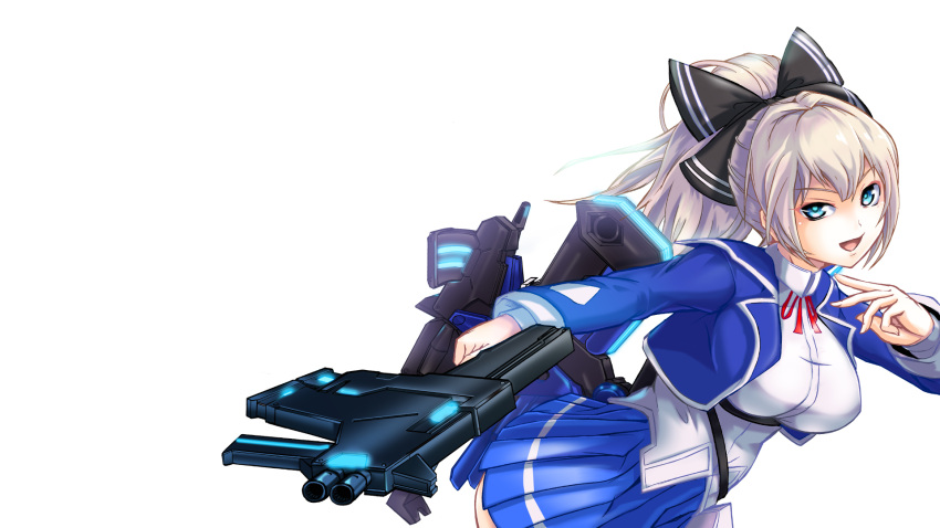 1girl, ass, black_bow, black_ribbon, blonde_hair, blue_eyes, blue_jacket, blue_skirt
