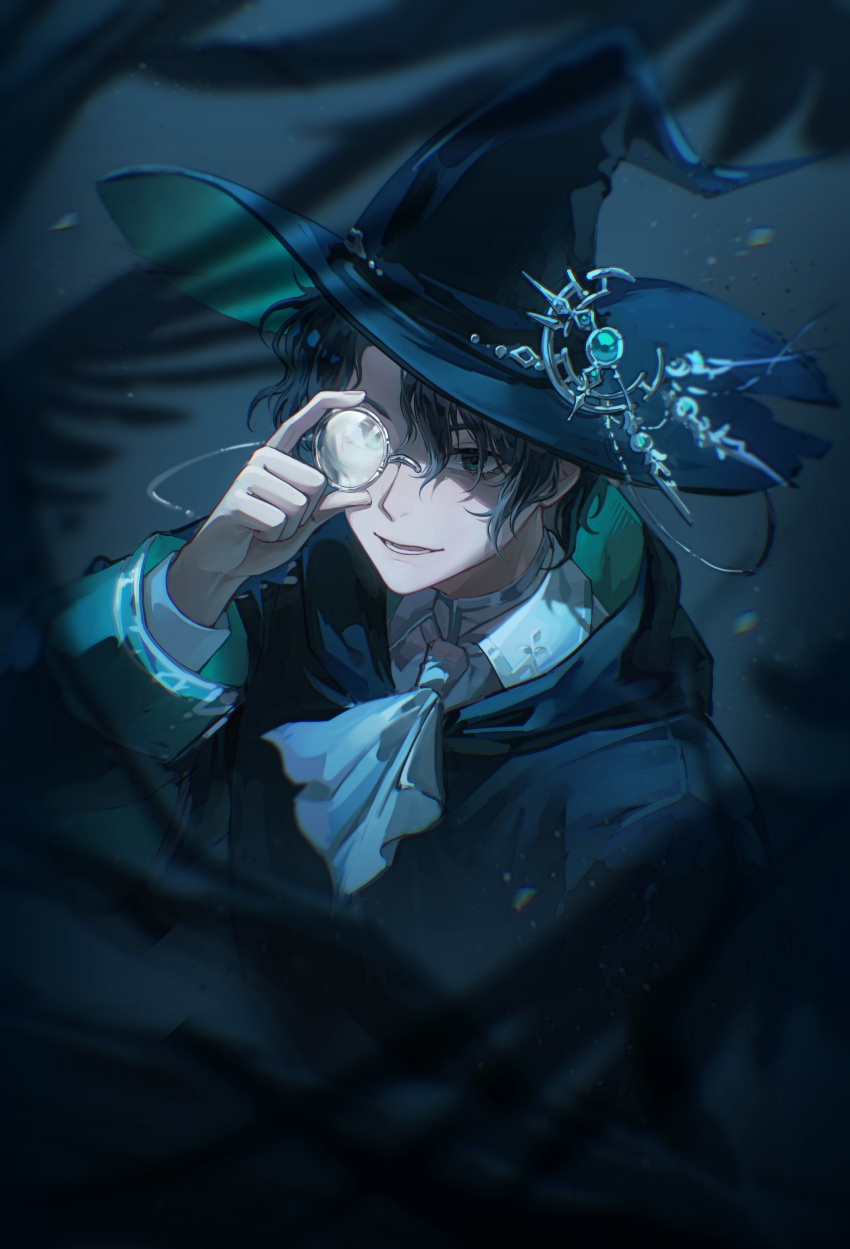 1boy, absurdres, adjusting_eyewear, adjusting_monocle, amon_(lord_of_the_mysteries), aqua_eyes, ascot, black_hair