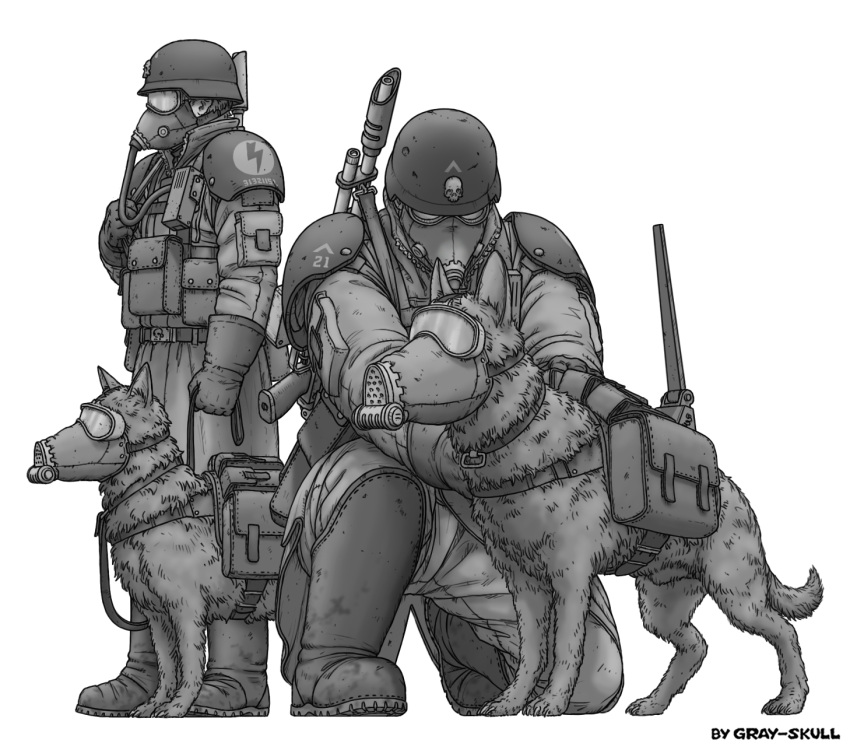 2boys, armageddon_steel_legion, astra_militarum, boots, coat, commentary, dog, english_commentary, explosive, gas_mask, goggles, goggles_on_headwear, gray-skull, gun, gun_on_back, helmet, highres, holding, holding_leash, lasgun, leash, mask, military_uniform, monochrome, multiple_boys, pouch, soldier, trench_coat, warhammer_40k, weapon, weapon_on_back