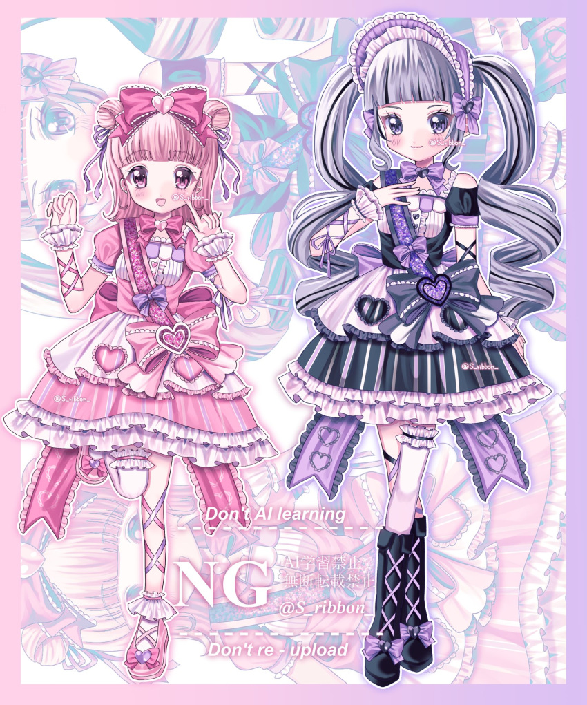 2girls, accurate_lolita_coord, black_dress, black_hair, blush, bonnet, boots, bow
