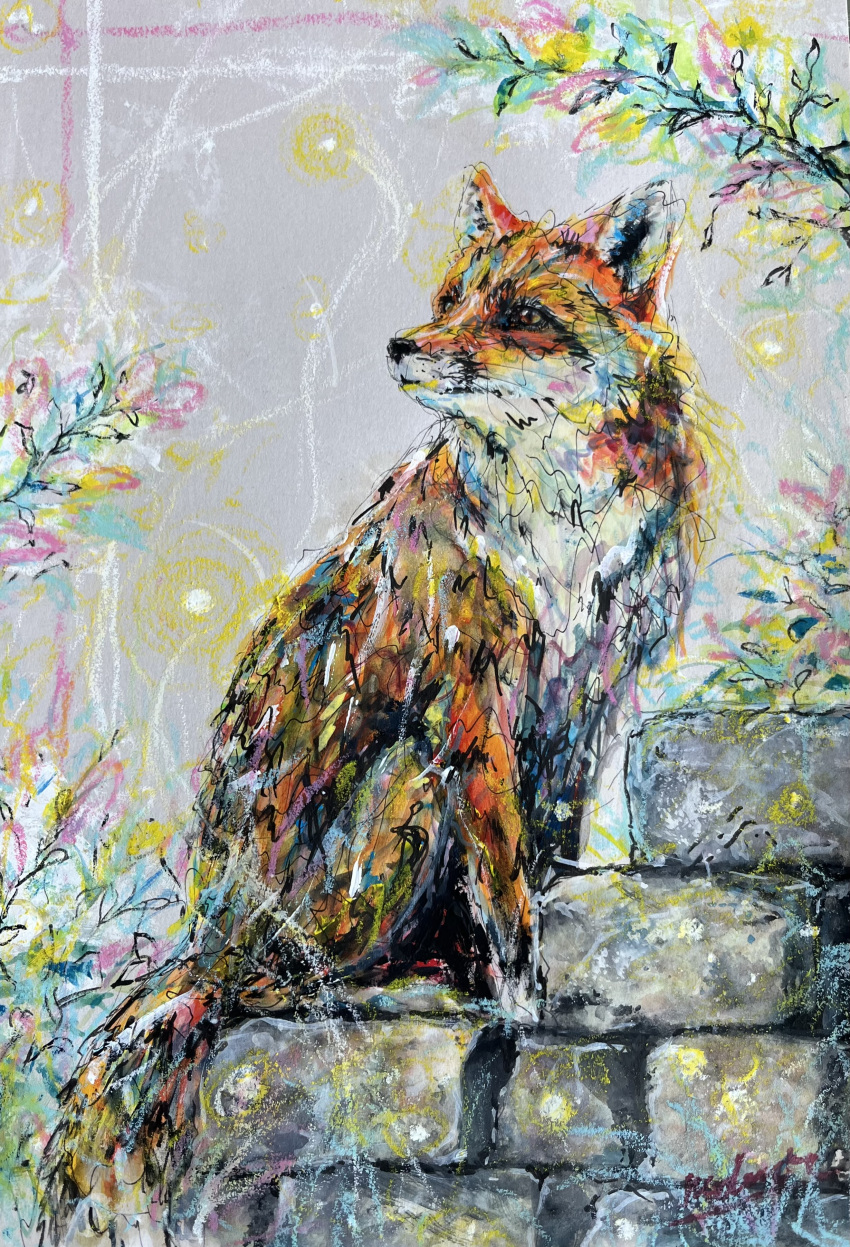 abstract, absurdres, animal, animal_focus, brick_wall, commentary, english_commentary, fox