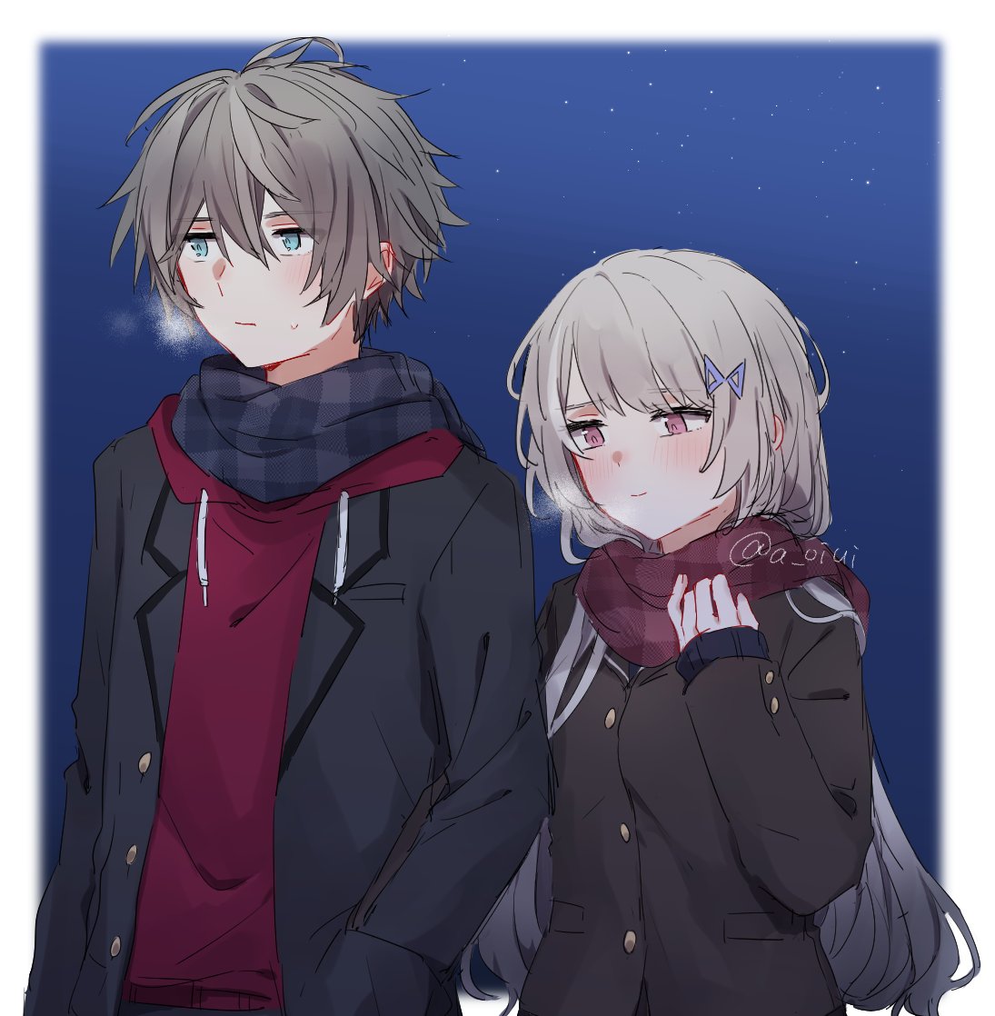 1boy, 1girl, a_oiui, ana_schariac, black_coat, black_hair, black_scarf, blue_eyes